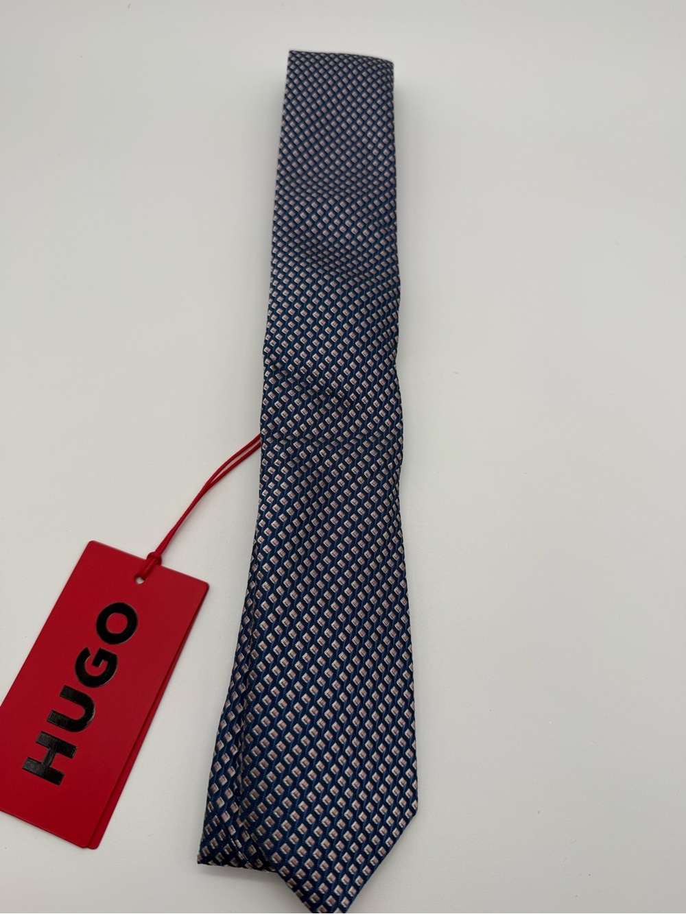 HUGO Navy Tie with Light Blue Diamond Micro-Pattern